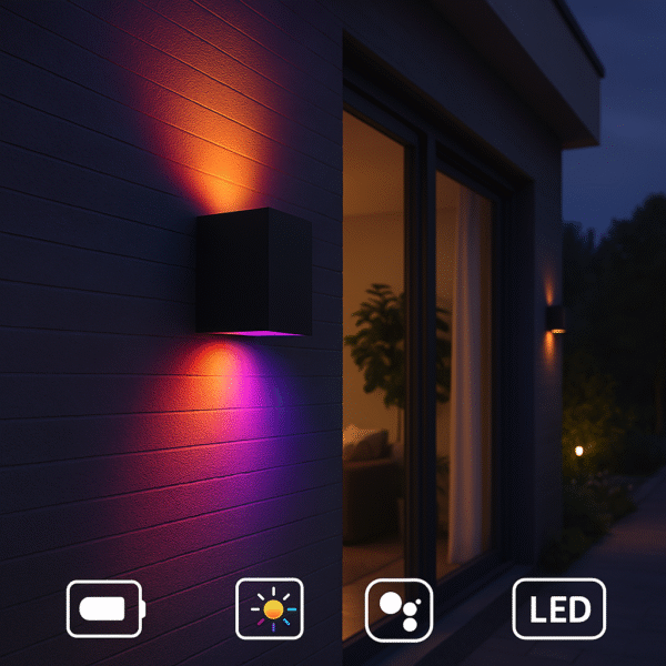 Philips Hue Resonate Outdoor Wall Light mounted on a modern exterior wall, projecting colorful beams up and down.