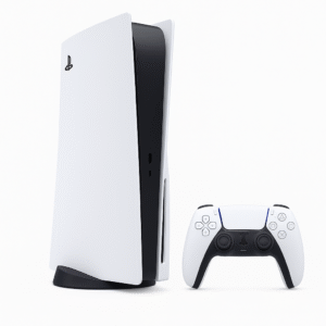PlayStation 5 Slim Digital Edition standing vertically with DualSense controller, highlighting PlayStation 5 Slim design with weight and cooling improvements.