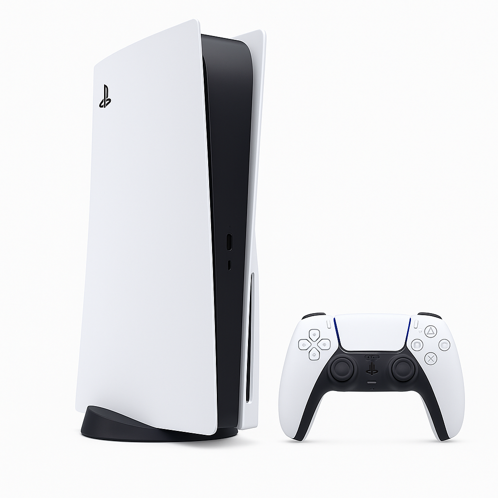 PlayStation 5 Slim Digital Edition standing vertically with DualSense controller, highlighting PlayStation 5 Slim design with weight and cooling improvements.