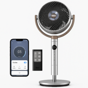 Product-only image showing a clean close-up of the Dreo Smart Fan, remote, and smartphone app on a white background — smart fan with app and voice control.