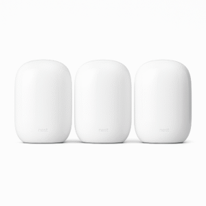 Product-Only Image (Square, White Background) All three glossy Nest WiFi Pro units side-by-side.