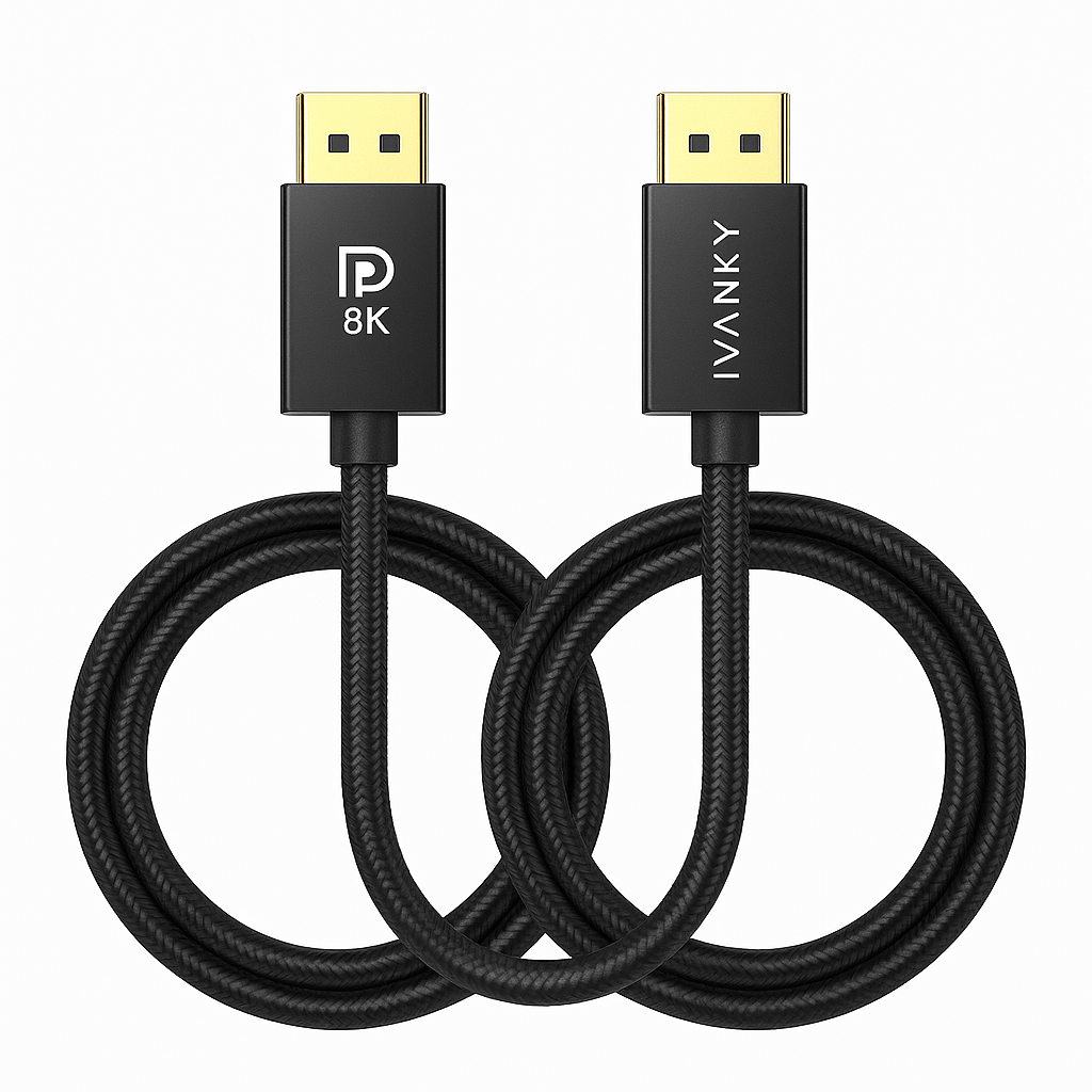 Product-only image of IVANKY 8K DisplayPort 1.4 Cable 2-Pack, 6ft each, shown coiled with gold-plated connectors – best DP 1.4 cable for ultrawide 240Hz gaming monitors.