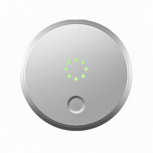 Product-Only Image (Square, White Background) Circular silver August 1st Gen lock close-up.