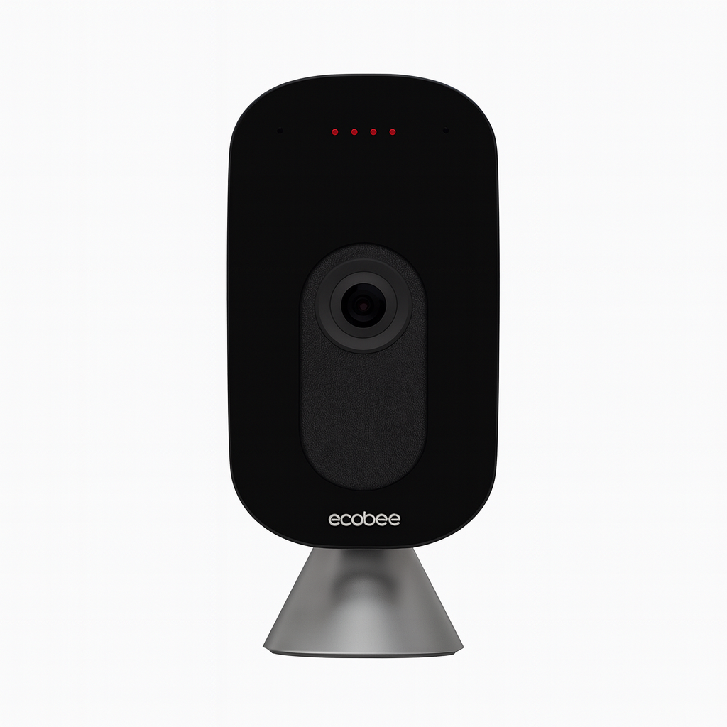 Product-Only Image (Square, White Background): A clean, front top view of the ecobee SmartCamera and SmartSensors bundle, showcasing the sleek design and compact form. This visual highlights the indoor security camera with voice control and person detection, emphasizing its modern look and bundled functionality.