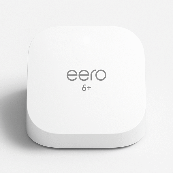 Product-Only Image (Square, White Background) Clean front top view of eero 6+ unit.