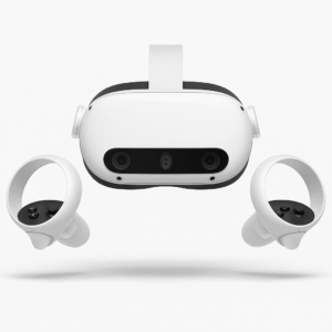 Product-only image showing a clean front view of the Meta Quest 3 (512 GB) headset with controllers, the best VR headset for home gaming and productivity.