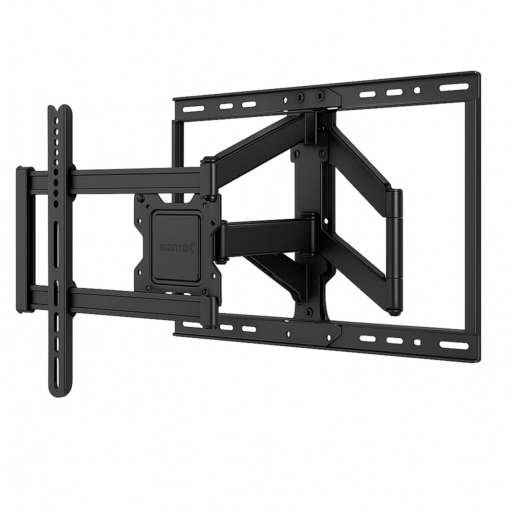Product-only image of monTEK Heavy-Duty dual-arm wall mount, showcasing clear front and side view with monTEK full-motion mount compatibility with Samsung and LG TVs.