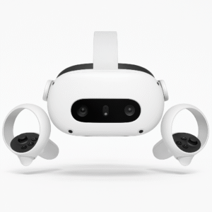 Product-only image of Meta Quest 3S with controllers, front-facing clean view, showcasing Meta Quest 3S gaming performance and app compatibility