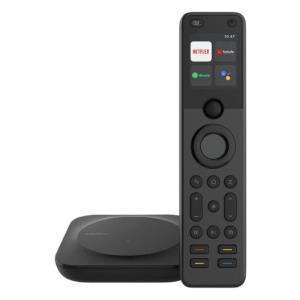 Product-only image of SofaBaton X1S universal remote and hub, front view with OLED screen active, showing SofaBaton X1S compatibility with Roku and Apple TV.
