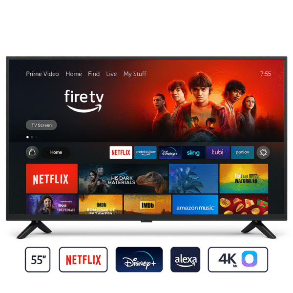 Product-Only Image (Square, White Background) Slim-bezel 55 Fire TV front view.