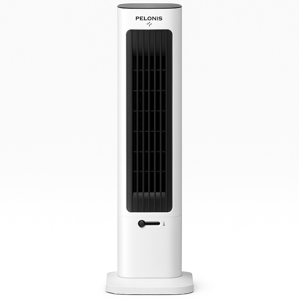 Product-only image showing a straight-on view of the slim tower heater on a white background — quiet tower fan heater for bedrooms and offices.