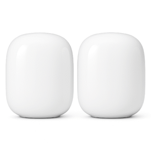 Product-Only Image (Square, White Background) Two glossy Nest WiFi Pro units side by side.