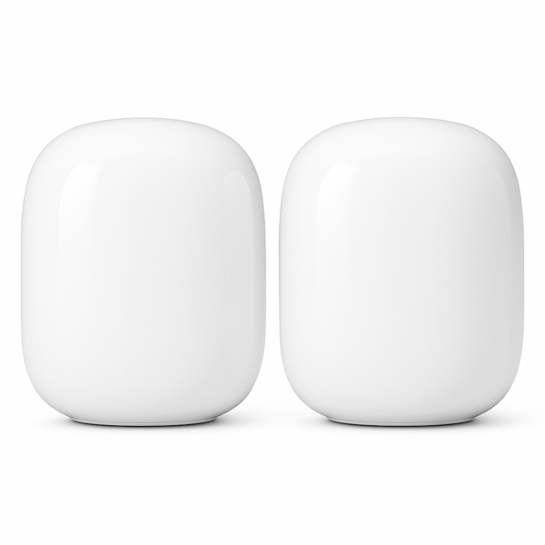 Product-Only Image (Square, White Background) Two glossy Nest WiFi Pro units side by side.