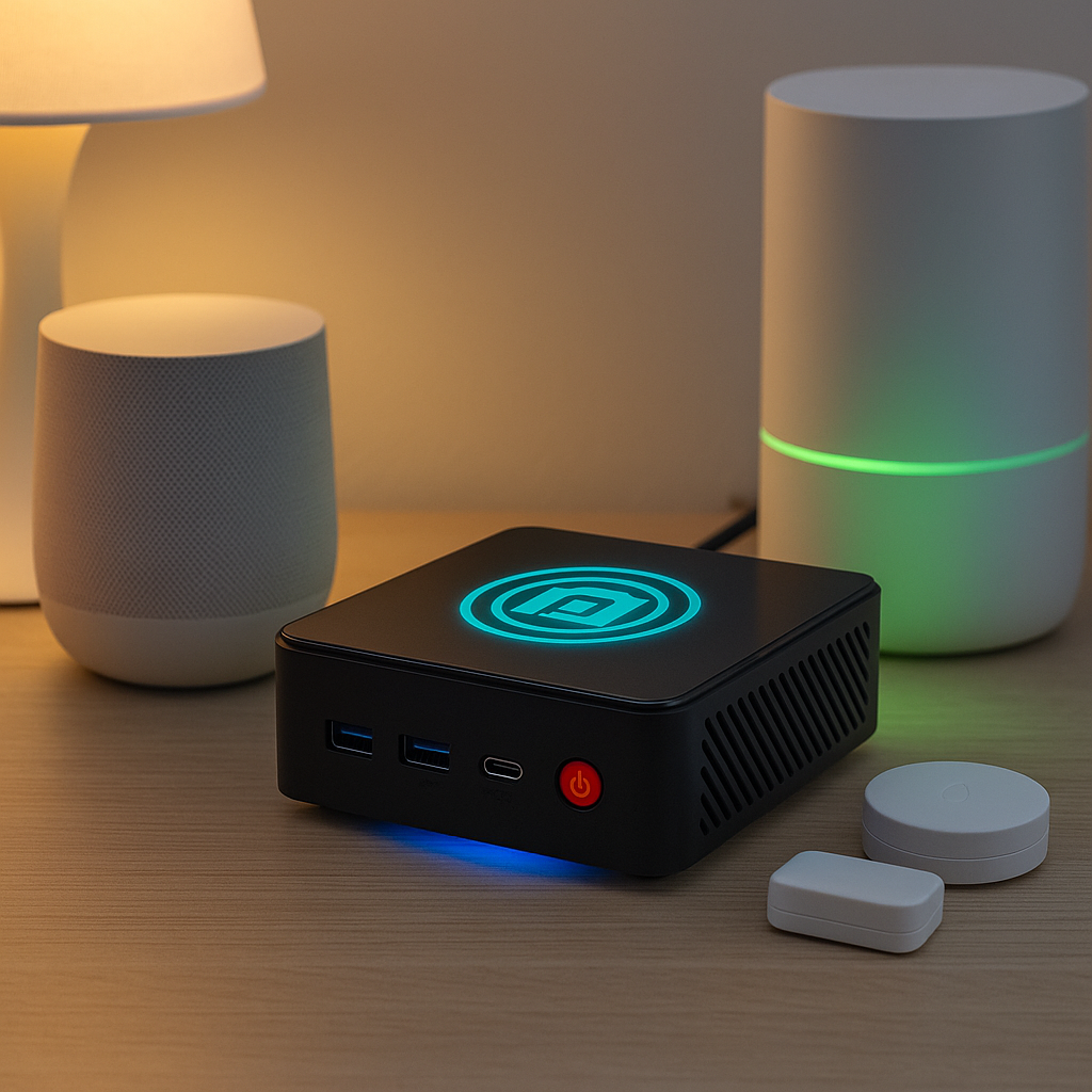 Pulcro TK Two Mini glowing softly next to smart devices (lights, sensors, speakers).