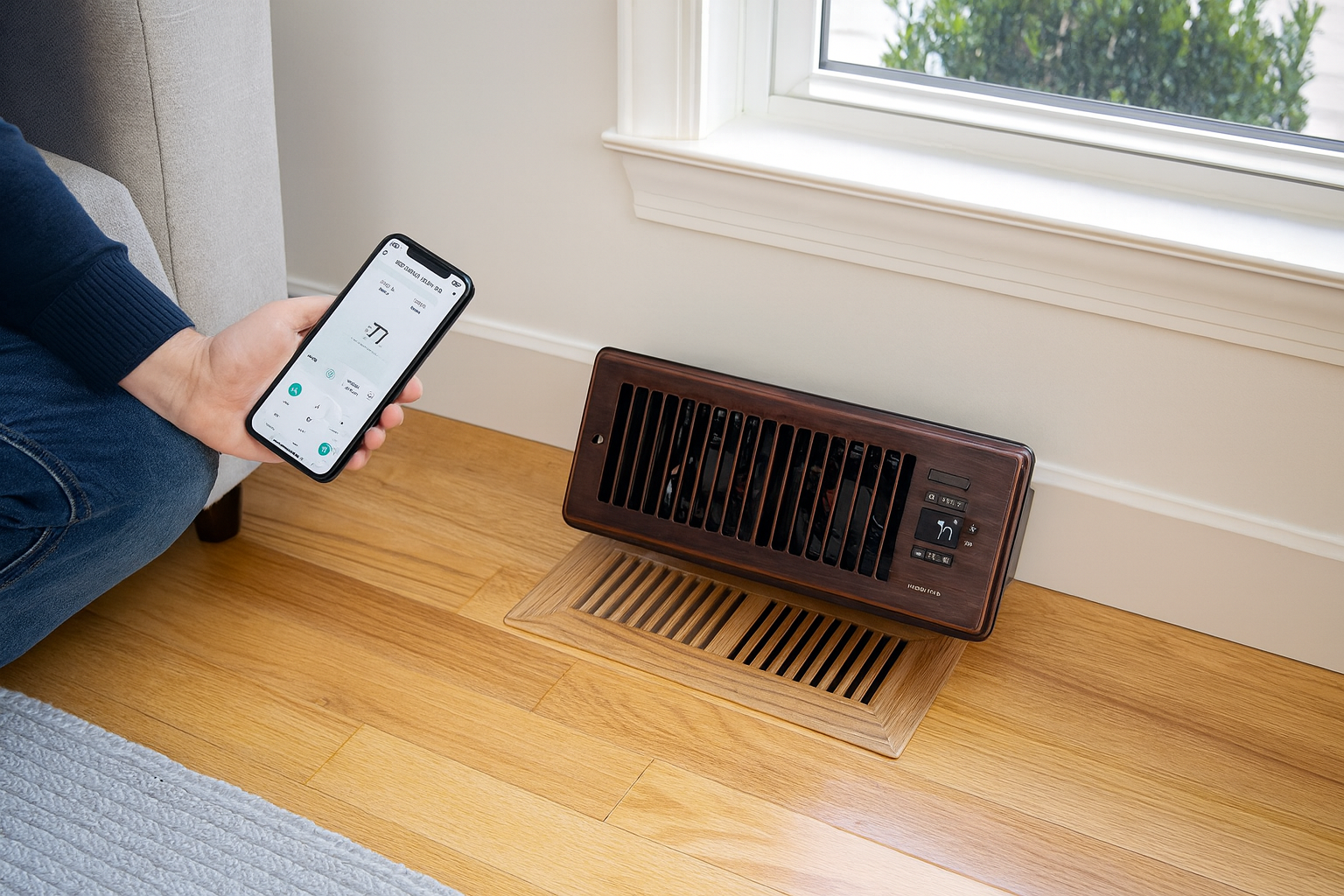 Lifestyle Image: Family in a living room enjoying balanced airflow with booster fan in background.