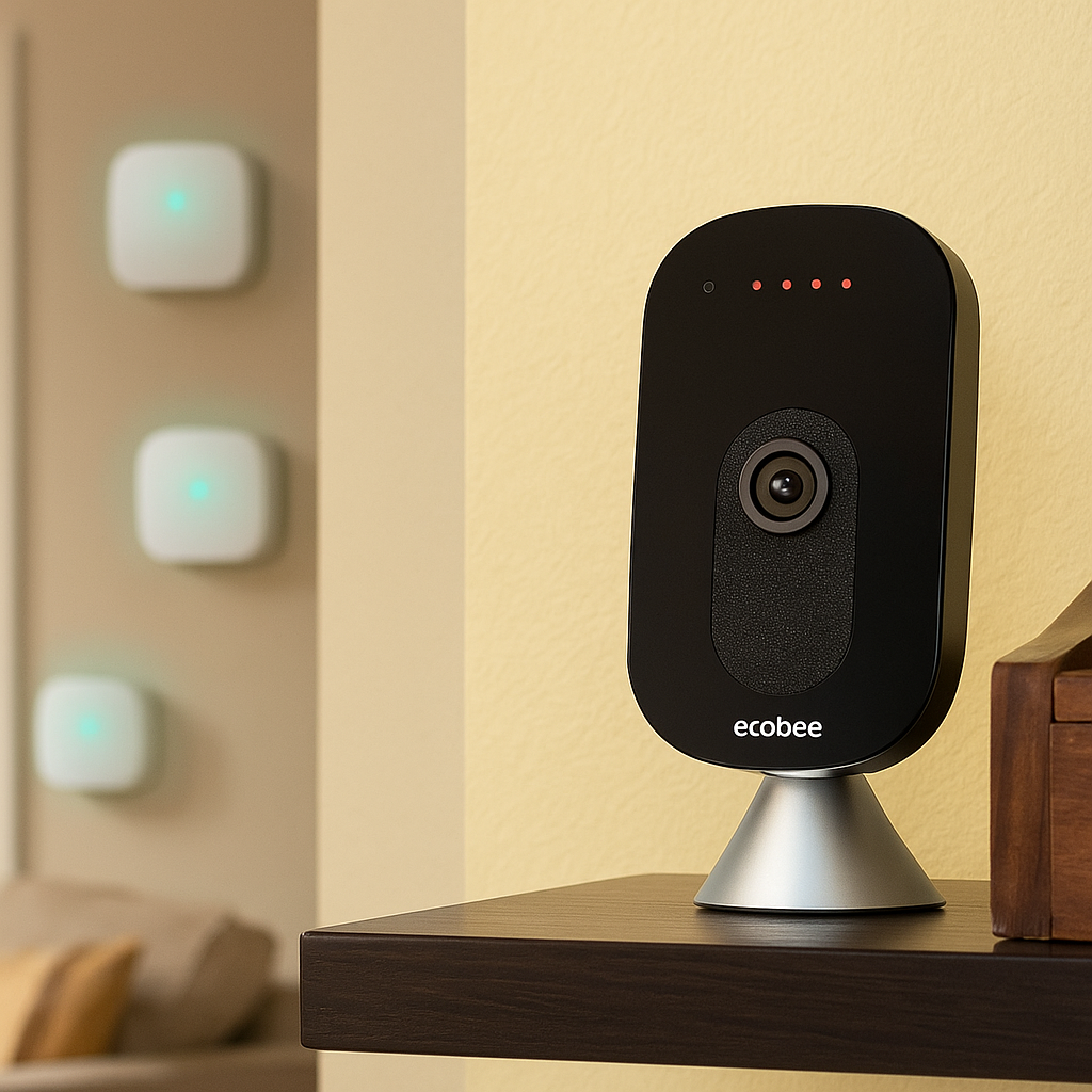 SmartCamera placed on a shelf with glowing indicator + sensors visible in different rooms.