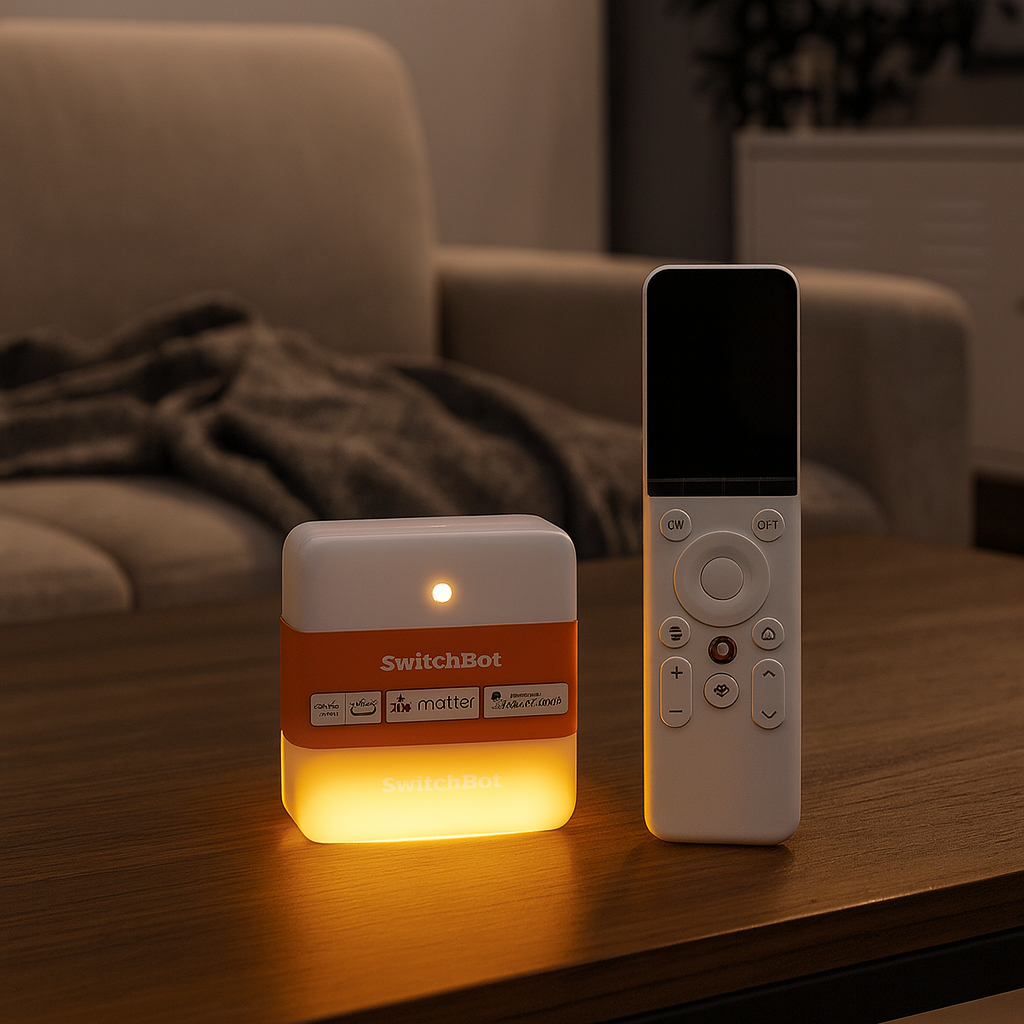 SwitchBot Universal Remote glowing softly on a coffee table in a modern living room.