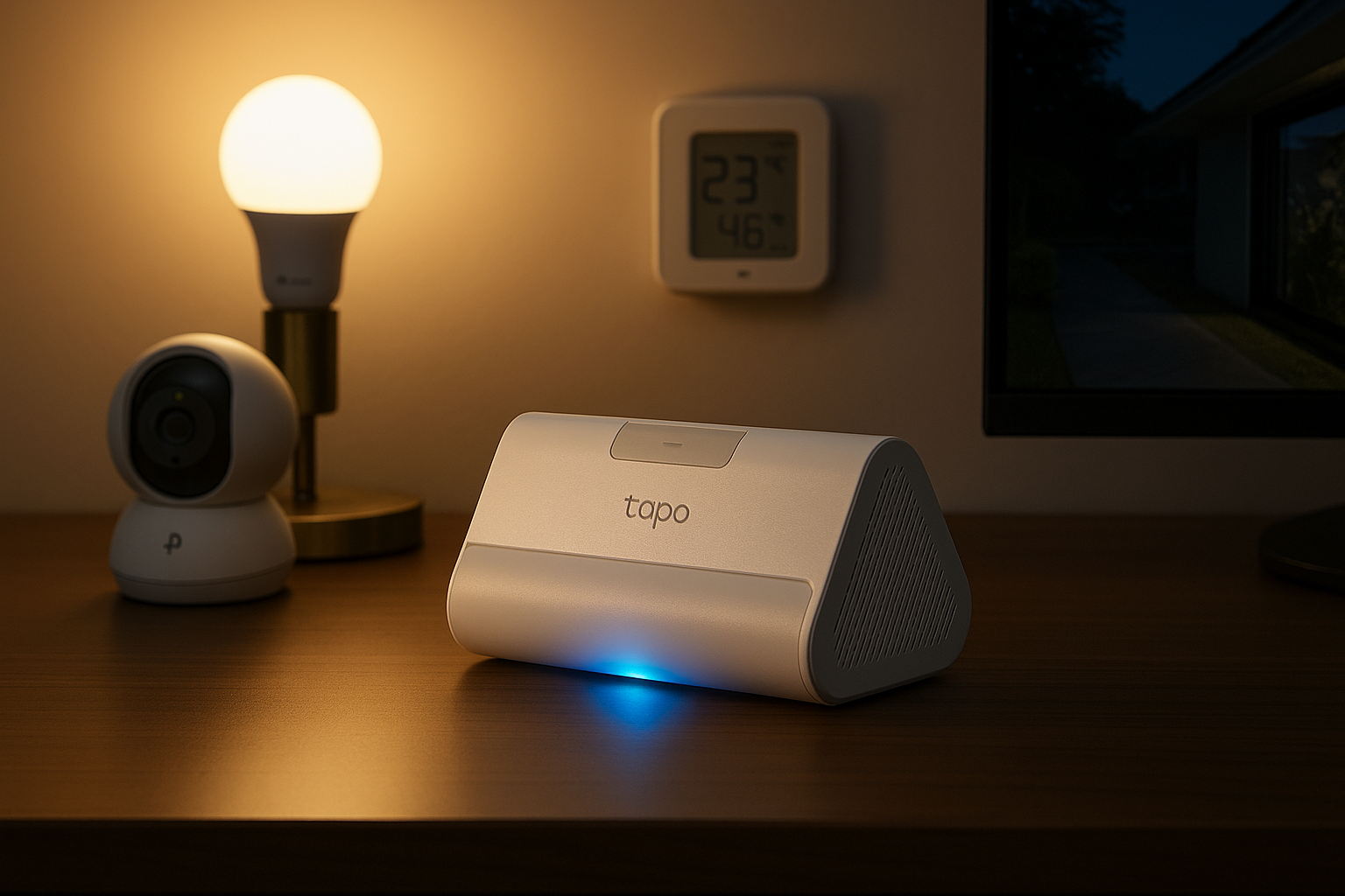 Tapo HomeBase H500 on a desk glowing softly, surrounded by connected smart devices.