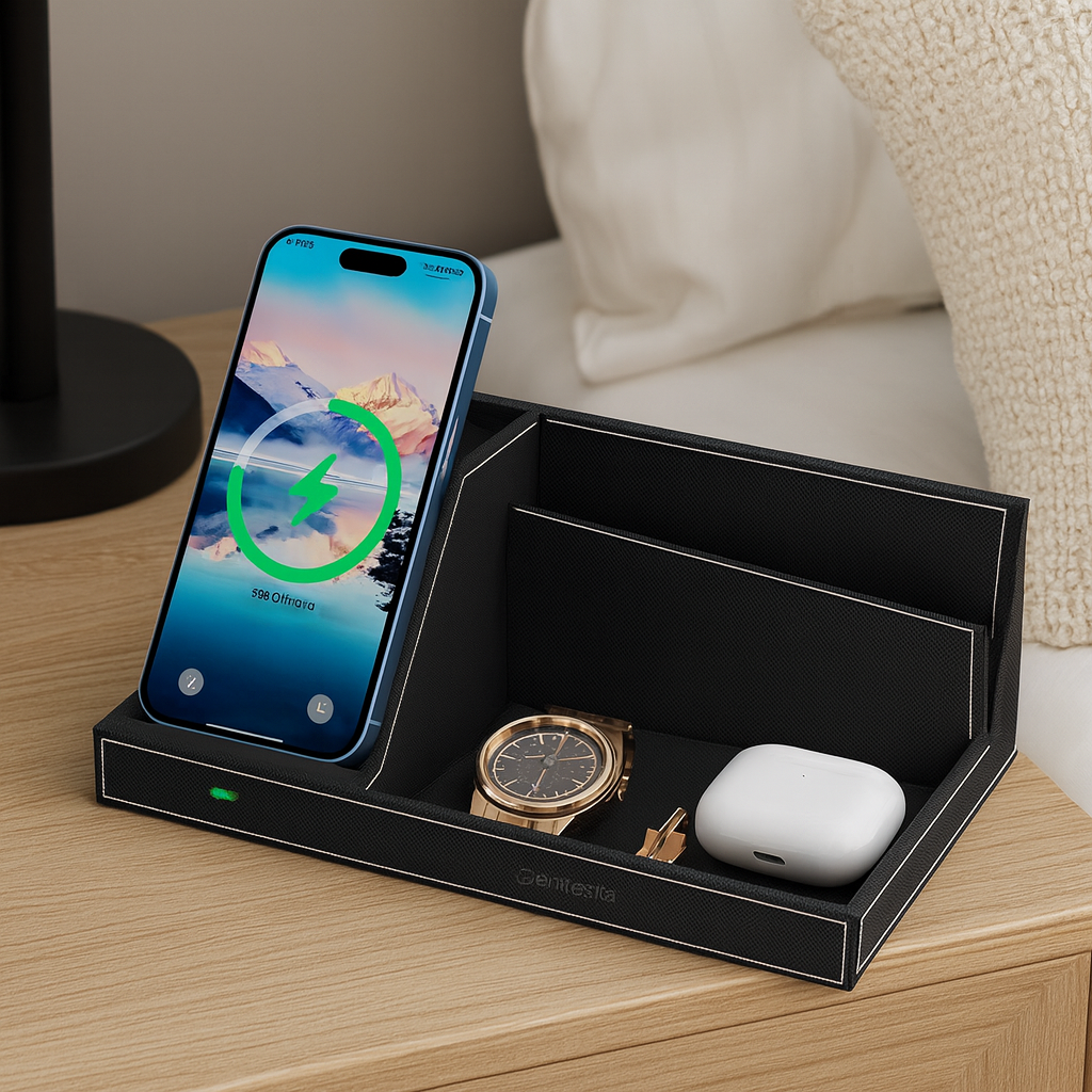 TopMade wireless charger organizer on a nightstand with phone, AirPods, and keys neatly placed.