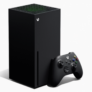 Xbox Series X standing vertically with controller beside it and glowing green top, showcasing the best gaming console for Game Pass Ultimate.