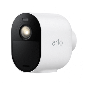 Arlo Pro 5S smart security camera angled product shot on a clean white background, showing lens and spotlight.
