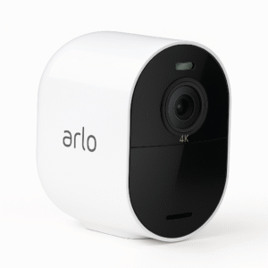 Arlo Ultra 2 smart security camera angled close-up on a clean white background, showcasing its 4K lens and sleek modern design