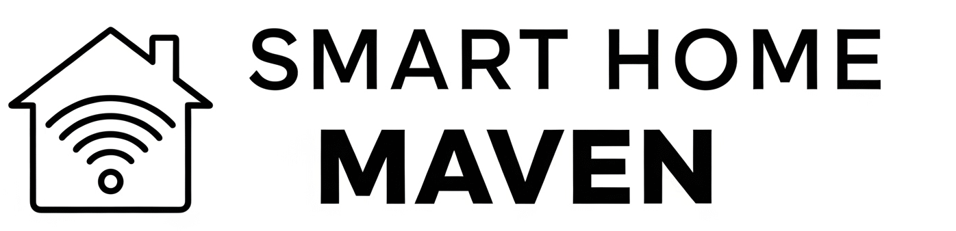 A minimalist logo for "Smart Home Maven" with a stylized house/Wi-Fi icon on the left. Maven is place below main text. The design features a modern sans-serif font and thin lines for a sleek, clean look.