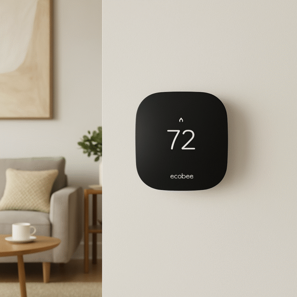 ecobee Smart Thermostat Essential mounted on a wall in a modern living room.
