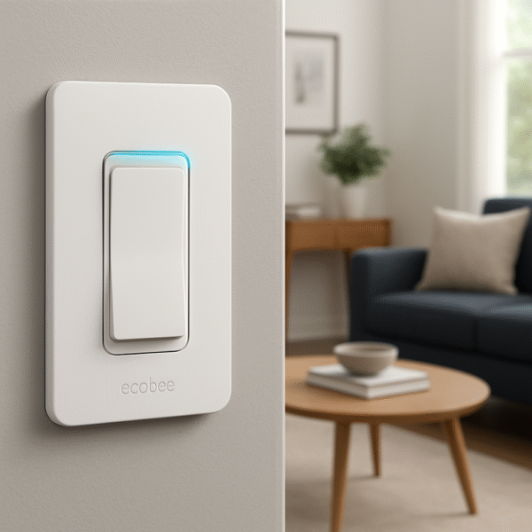 ecobee Switch+ installed in a modern living room wall, glowing LED indicator.