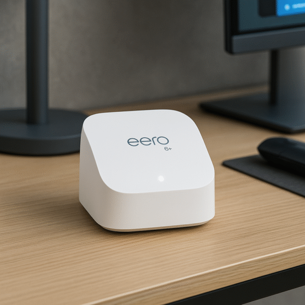 eero 6+ single router on a modern desk with glowing LED indicator.