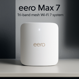 eero Max 7 single unit placed on a desk, glowing LED indicator, sleek modern background.