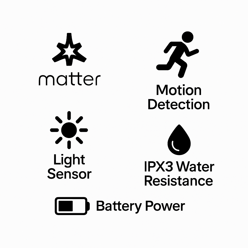 Feature overlay icons for the Eve Motion Sensor highlighting Matter compatibility, motion detection, light sensor, IPX3 water resistance, and battery power.