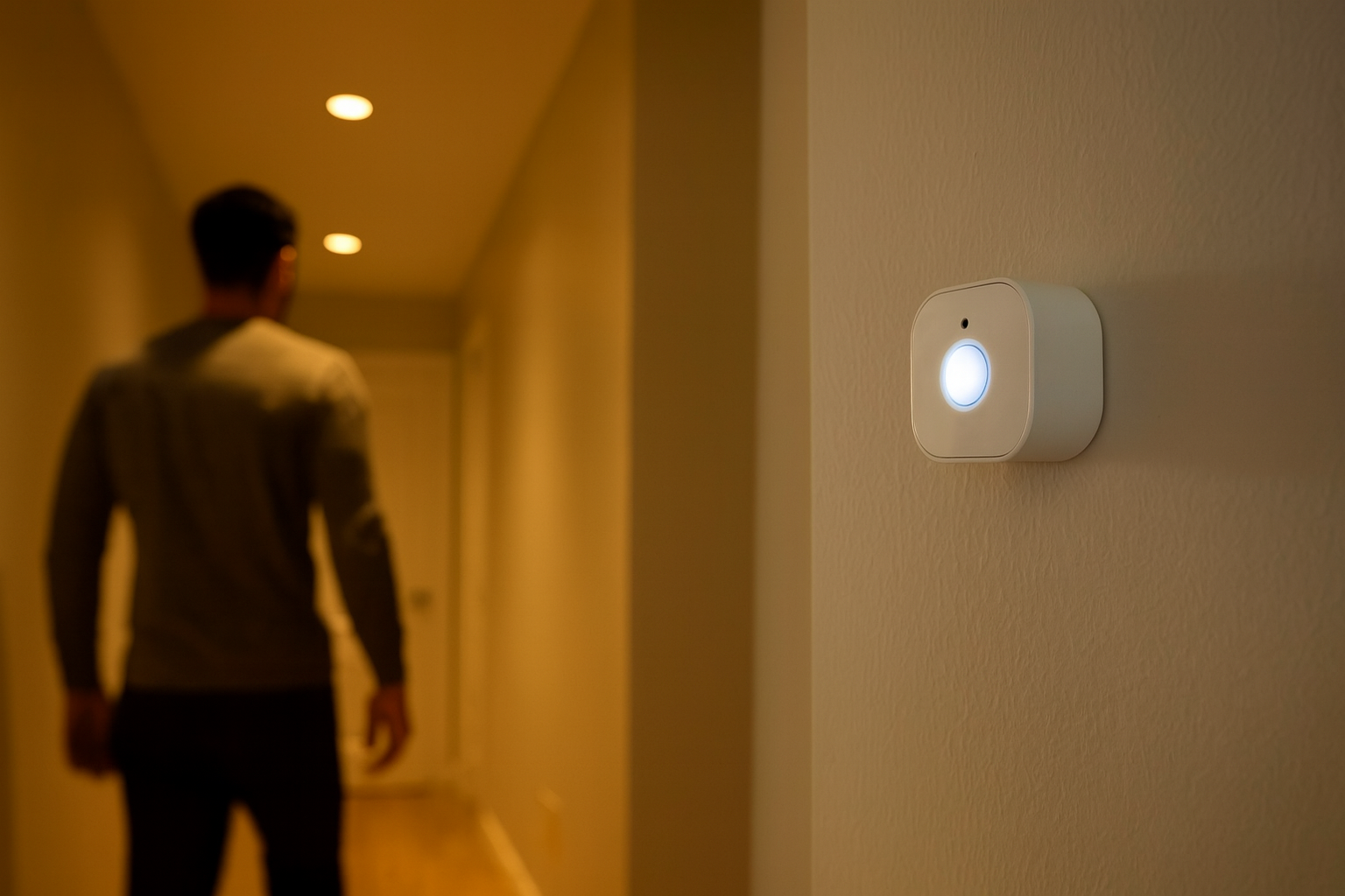 Eve Motion Sensor mounted in a hallway wall, triggering smart ceiling lights as a person walks by.