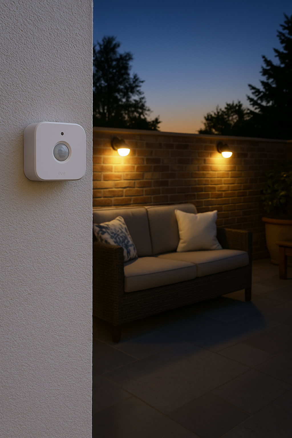 Eve Motion Sensor mounted on a patio wall at dusk, triggering outdoor smart lights to turn on automatically.