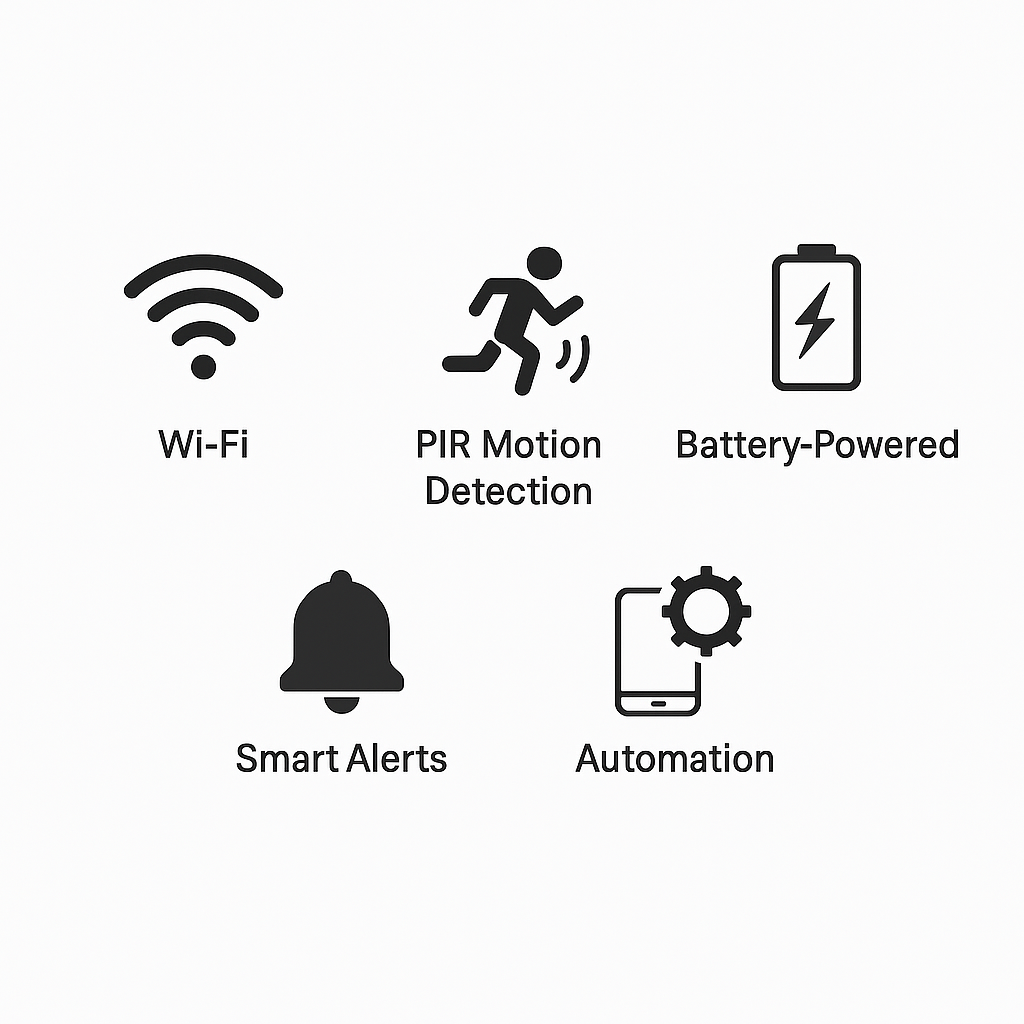 Feature overlay icons for the Gaoducash Wi-Fi PIR Motion Sensor highlighting Wi-Fi connectivity, PIR motion detection, battery power, smart alerts, and automation support.