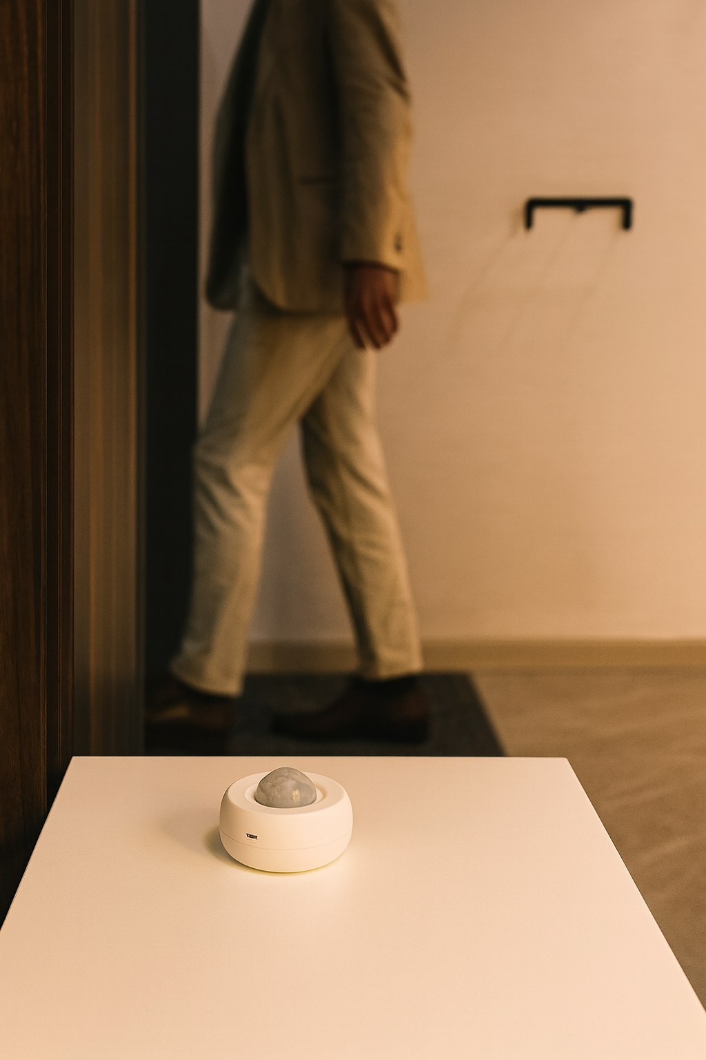 Gaoducash Wi-Fi PIR Motion Sensor placed in a modern entryway, triggering smart lights as a person enters.