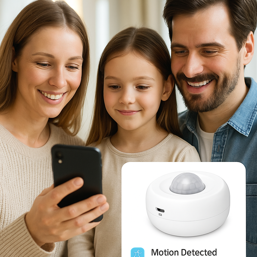 Family smiling while receiving a motion alert notification from the Gaoducash Wi-Fi PIR Motion Sensor on their smartphone while away from home.