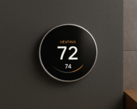 high-quality hero image example of a modern digital smart thermostat mounted on a stylish wall.