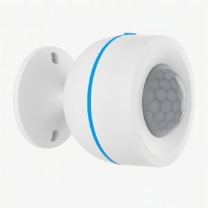Matter Thread motion sensor product shot on a white background, showing its spherical design with a blue accent ring and honeycomb PIR lens