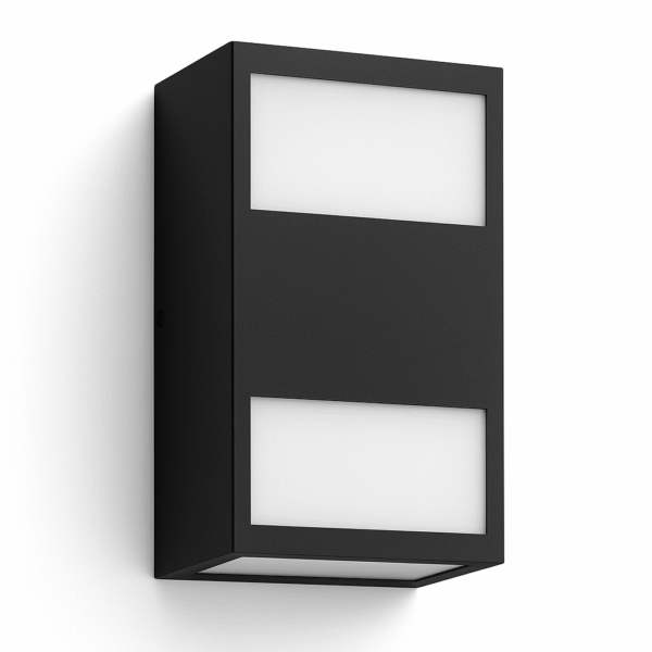 philips hue Resonate Outdoor Wall Light Product-Only Image Close-up of the square black up down fixture with frosted lenses.