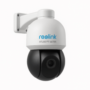Reolink Atlas PT Ultra smart PT security camera angled product shot on a white background, showcasing its lens, dome-shaped body, and reliable battery life with solar charging.