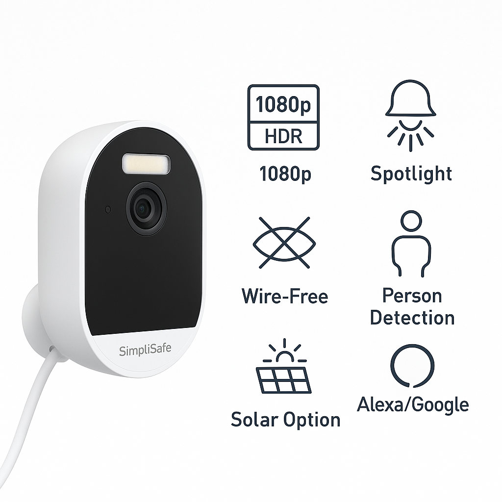 SimpliSafe Outdoor Security Camera Series 2 with feature icons highlighting 1080p HDR, spotlight, person detection, wire-free design, solar option, and Alexa/Google compatibility.