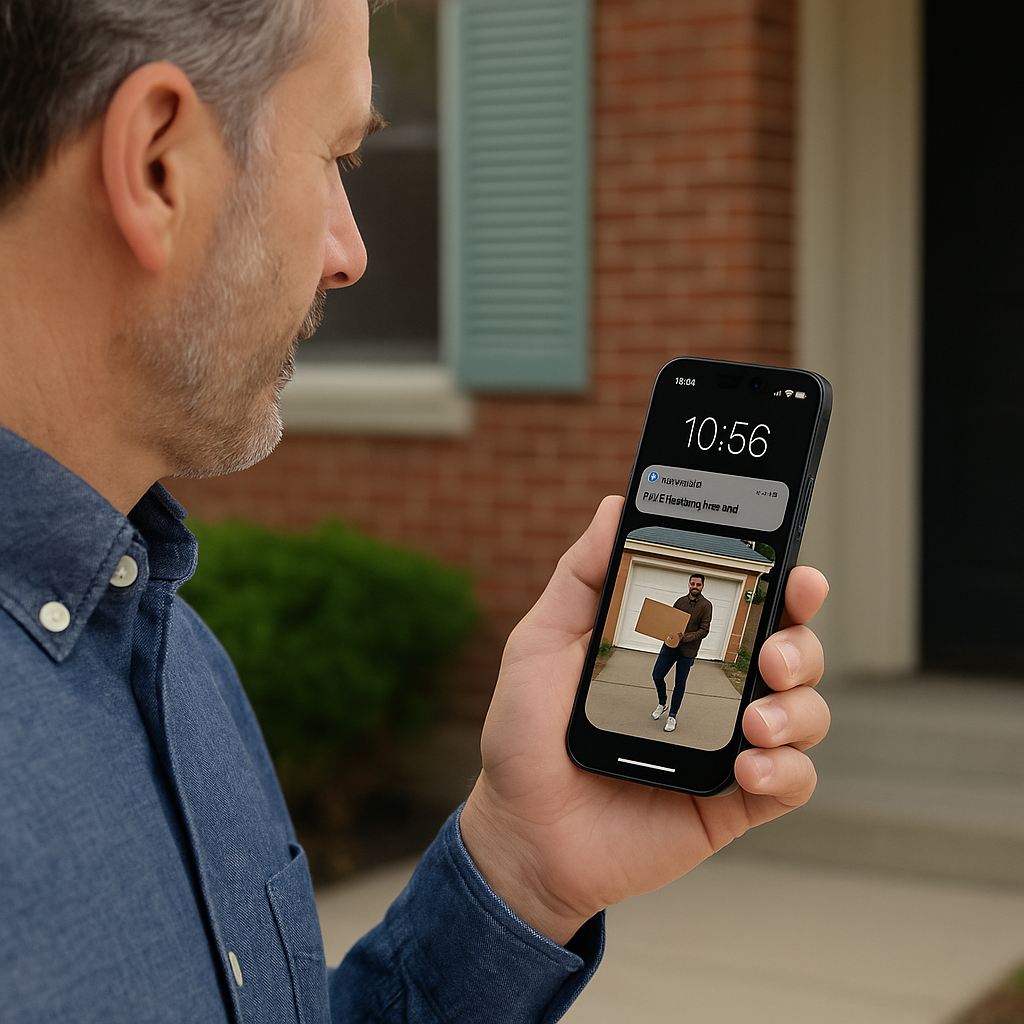 Homeowner checking a live SimpliSafe notification on their smartphone while away, showing a delivery person with a package detected by the Outdoor Camera Series 2.
