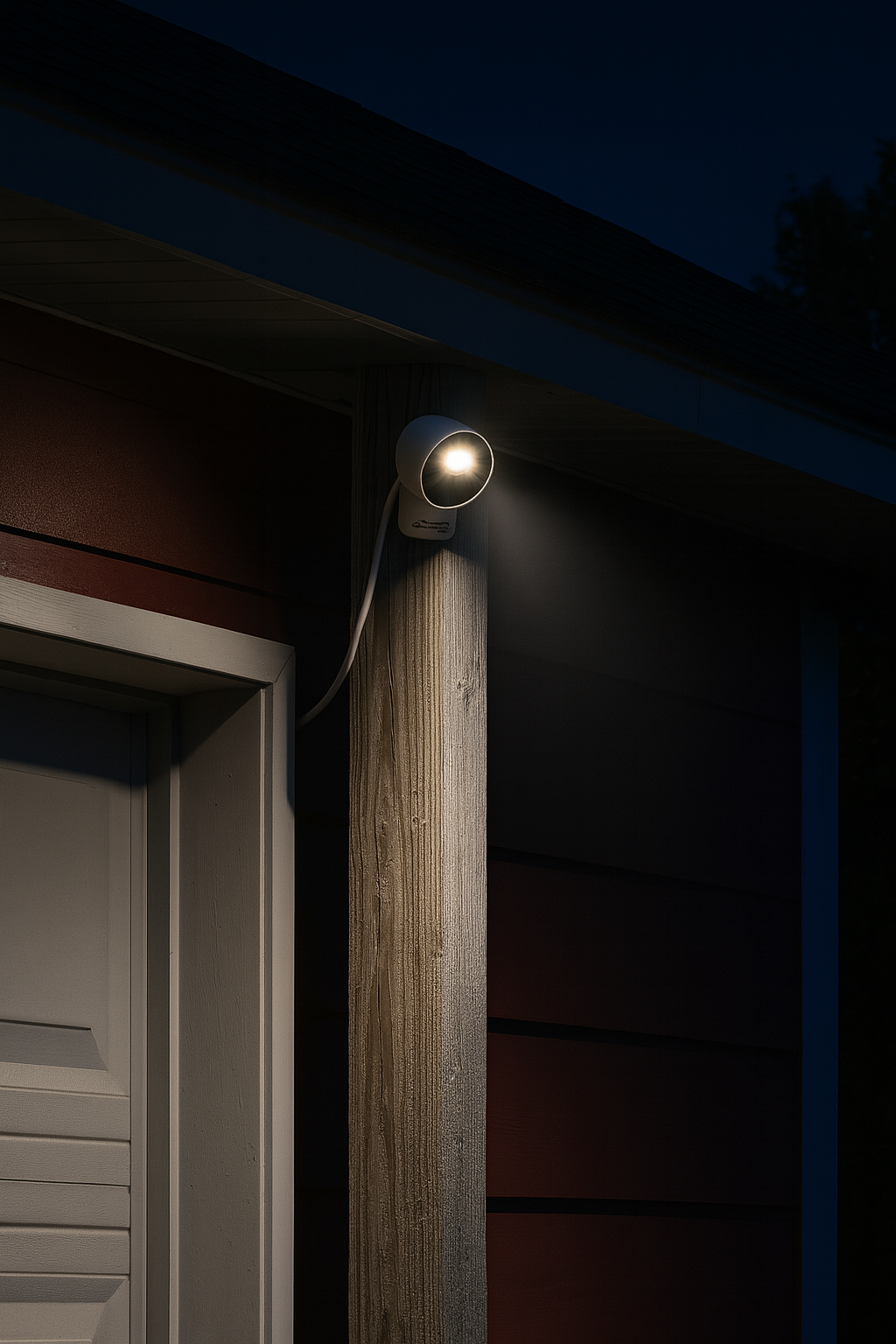 SimpliSafe Outdoor Security Camera Series 2 mounted above a garage at night with spotlight on, illuminating the entryway.