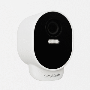 SimpliSafe Outdoor Security Camera Series 2 angled close-up product shot on a white background, highlighting its lens and spotlight