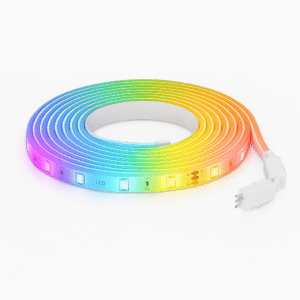 Govee Light Strip Pro 2 coiled product shot on a white background, showing glowing multicolor LEDs, connector cable, and design as an affordable smart LED strip with tunable white 2025.