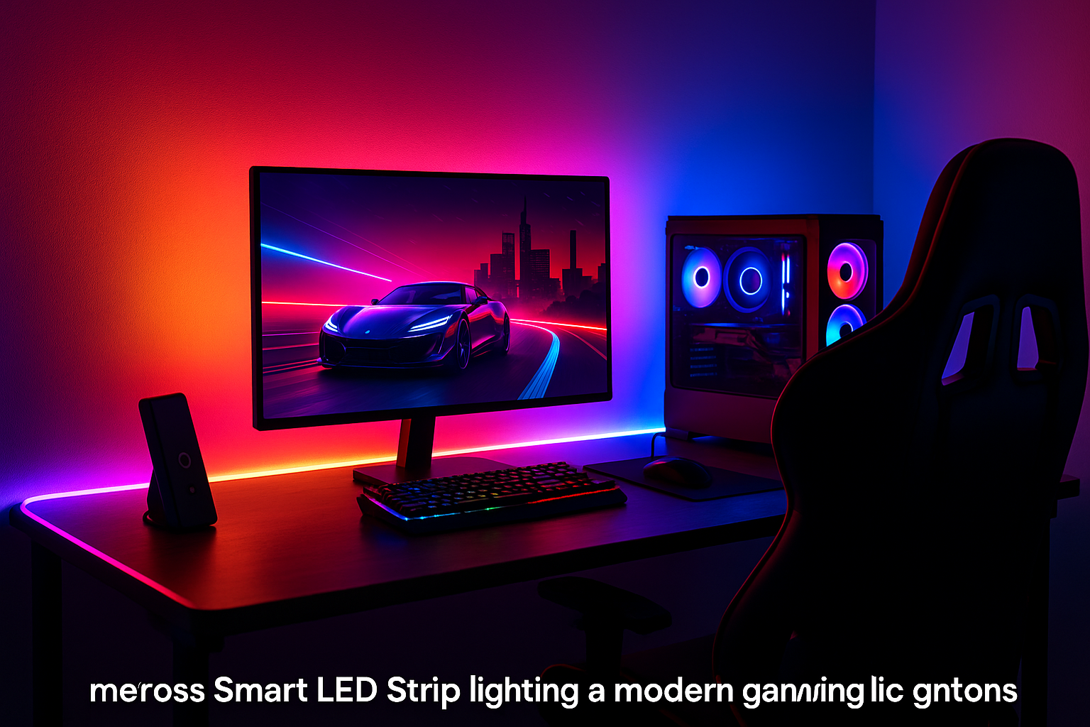 meross Smart LED Strip lighting a modern gaming desk setup with vivid RGB glow behind the monitor and desk.