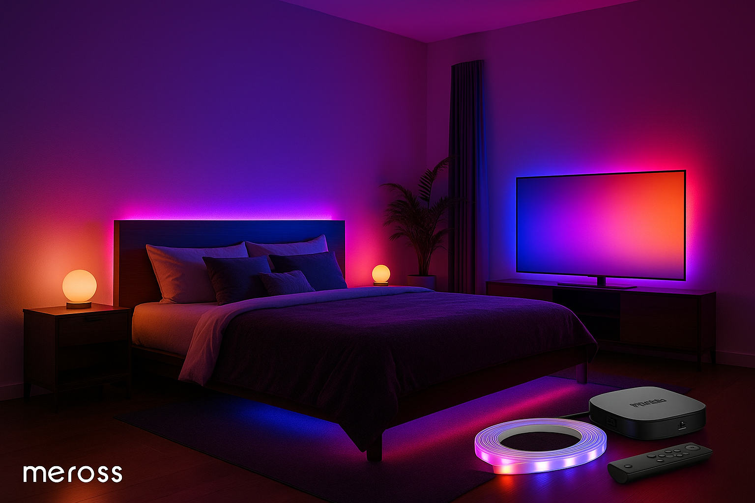 Modern bedroom with meross Smart LED Strip lighting casting colorful ambient glow behind bed and TV, creating a cozy media-style atmosphere.