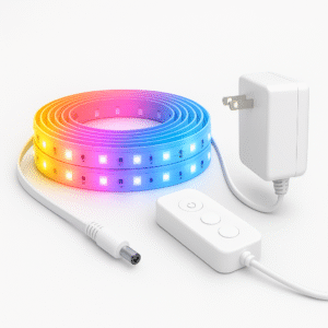 meross Smart LED Strip coiled on a white background with included controller and power adapter, showcasing RGB lighting segments.
