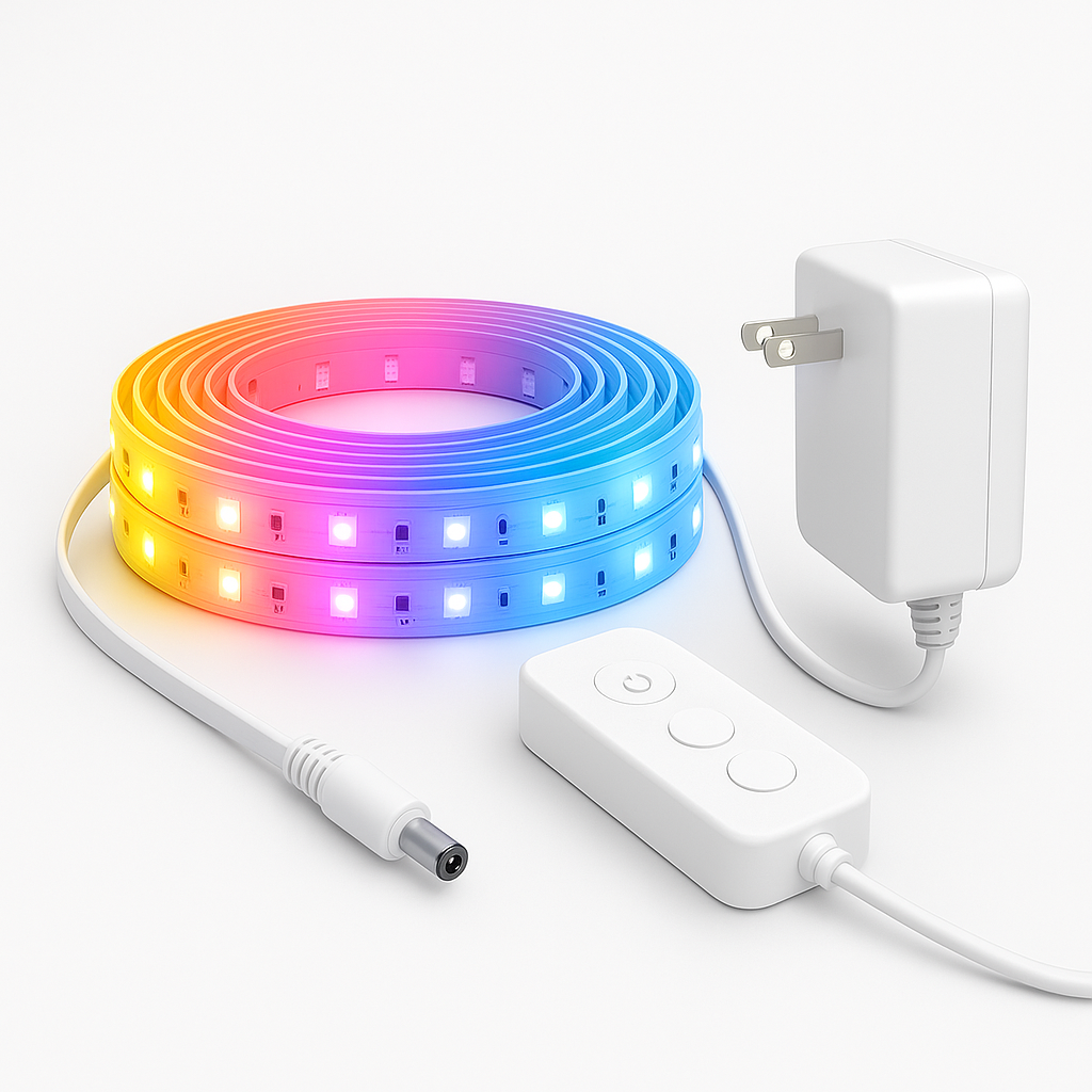 meross Smart LED Strip coiled on a white background with included controller and power adapter, showcasing RGB lighting segments.